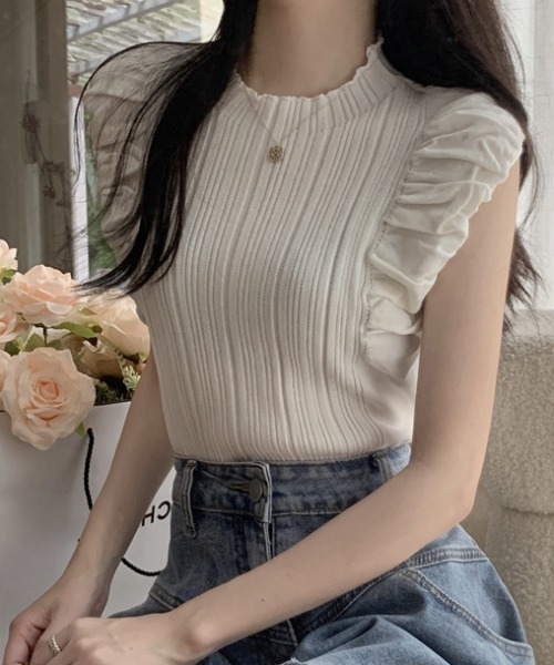 Teem Store（チームストア）の「クシュクシュノースリーブリブニット（ニット/セーター・レディース・ブラウン/ホワイト/アイボリー/ブラック・F）」の2枚目の写真