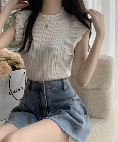 Teem Store（チームストア）の「クシュクシュノースリーブリブニット（ニット/セーター・レディース・ブラウン/ホワイト/アイボリー/ブラック・F）」の5枚目の写真
