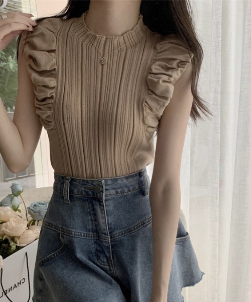 Teem Store（チームストア）の「クシュクシュノースリーブリブニット（ニット/セーター・レディース・ブラウン/ホワイト/アイボリー/ブラック・F）」の9枚目の写真