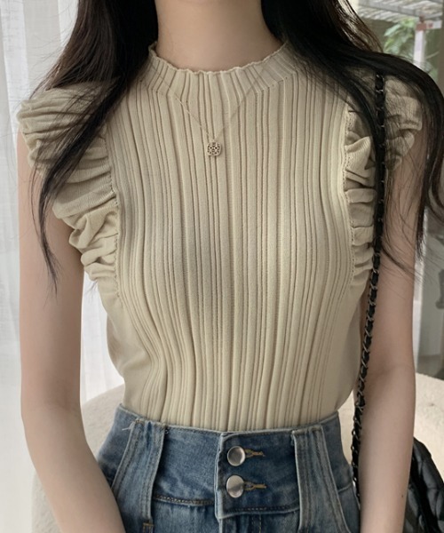 Teem Store（チームストア）の「クシュクシュノースリーブリブニット（ニット/セーター・レディース・ブラウン/ホワイト/アイボリー/ブラック・F）」の6枚目の写真
