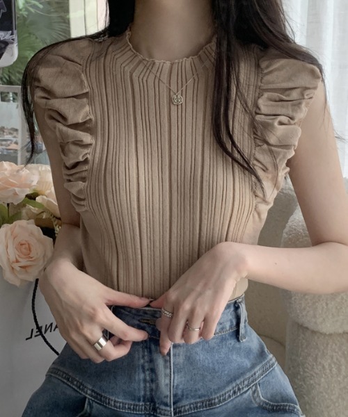 Teem Store（チームストア）の「クシュクシュノースリーブリブニット（ニット/セーター・レディース・ブラウン/ホワイト/アイボリー/ブラック・F）」の13枚目の写真