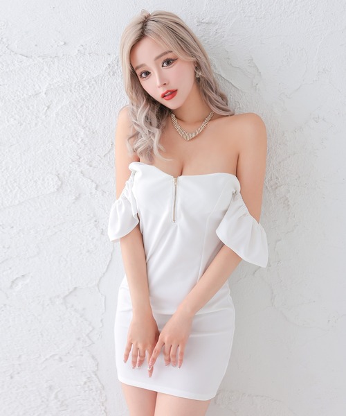 myMinette(マイミネット)の「キャバドレス ミニ タイト オフショルダー フリル袖 バストフロントジップドレス(ドレス・レディース・ブラック/ホワイト・MEDIUM)」の2枚目の写真