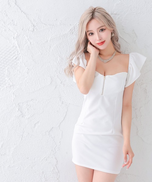 myMinette(マイミネット)の「キャバドレス ミニ タイト オフショルダー フリル袖 バストフロントジップドレス(ドレス・レディース・ブラック/ホワイト・MEDIUM)」の3枚目の写真