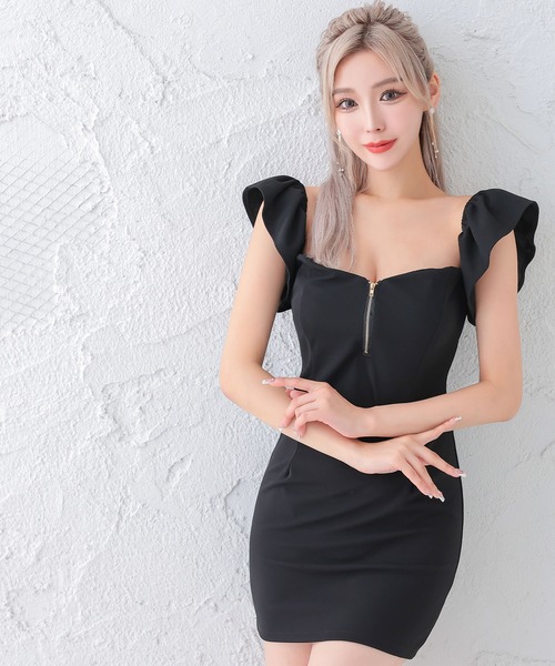 myMinette(マイミネット)の「キャバドレス ミニ タイト オフショルダー フリル袖 バストフロントジップドレス(ドレス・レディース・ブラック/ホワイト・MEDIUM)」の10枚目の写真