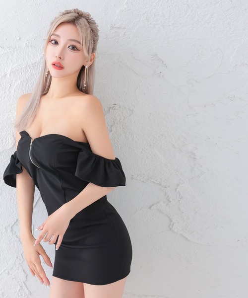 myMinette(マイミネット)の「キャバドレス ミニ タイト オフショルダー フリル袖 バストフロントジップドレス(ドレス・レディース・ブラック/ホワイト・MEDIUM)」の11枚目の写真