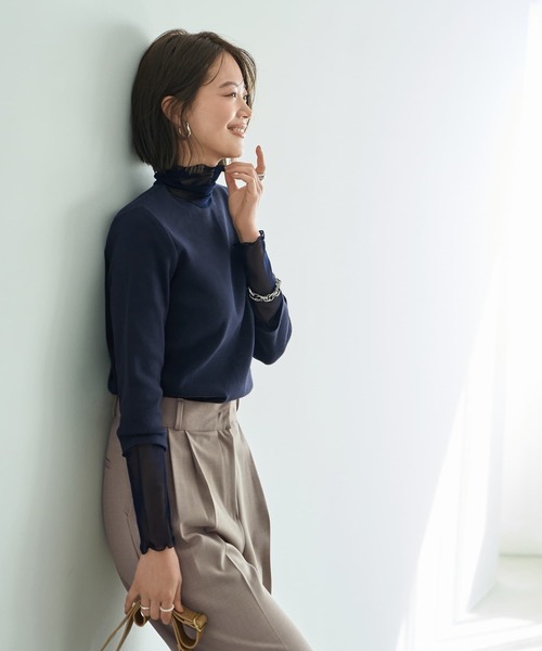 STYLE DELI(スタイルデリ)の「【Made in JAPAN】チュールアクセントリブトップス(Tシャツ/カットソー・レディース・ホワイト/ネイビー/ブラック・MEDIUM)」の3枚目の写真
