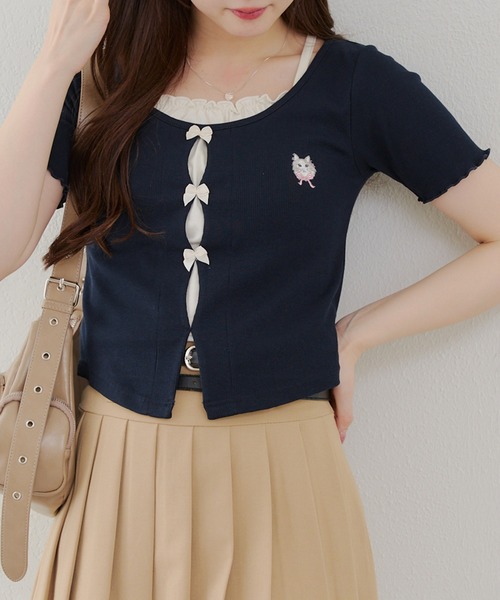 Another Branch olive des olive(アナザーブランチオリーブデオリーブ)の「リボンドッキングカーディガン(Tシャツ/カットソー・レディース・サックスブルー/アイボリー/ネイビー/レッド・FREE)」の3枚目の写真