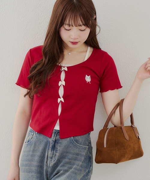 Another Branch olive des olive(アナザーブランチオリーブデオリーブ)の「リボンドッキングカーディガン(Tシャツ/カットソー・レディース・サックスブルー/アイボリー/ネイビー/レッド・FREE)」の4枚目の写真