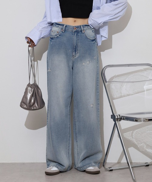 hunch（ハンチ）の「hunch １０オンスデニム　ゆるストレートパンツ（デニムパンツ・レディース・ライトインディゴブルー/ブラック・FREE）」の10枚目の写真