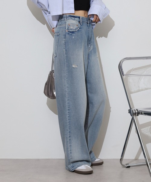 hunch（ハンチ）の「hunch １０オンスデニム　ゆるストレートパンツ（デニムパンツ・レディース・ライトインディゴブルー/ブラック・FREE）」の12枚目の写真