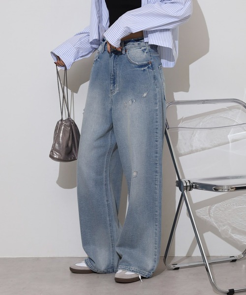 hunch（ハンチ）の「hunch １０オンスデニム　ゆるストレートパンツ（デニムパンツ・レディース・ライトインディゴブルー/ブラック・FREE）」の14枚目の写真