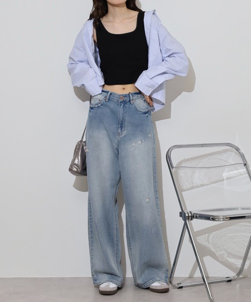 hunch（ハンチ）の「hunch １０オンスデニム　ゆるストレートパンツ（デニムパンツ・レディース・ライトインディゴブルー/ブラック・FREE）」の15枚目の写真