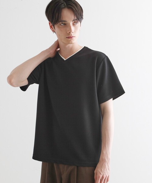 セール】フェイクレイヤードVネックカットソー（Tシャツ