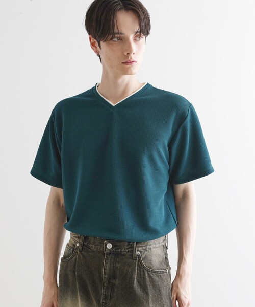 【Made in JAPAN】フェイクレイヤード　キーネック　カットソー セール】フェイクレイヤードVネックカットソー（Tシャツ