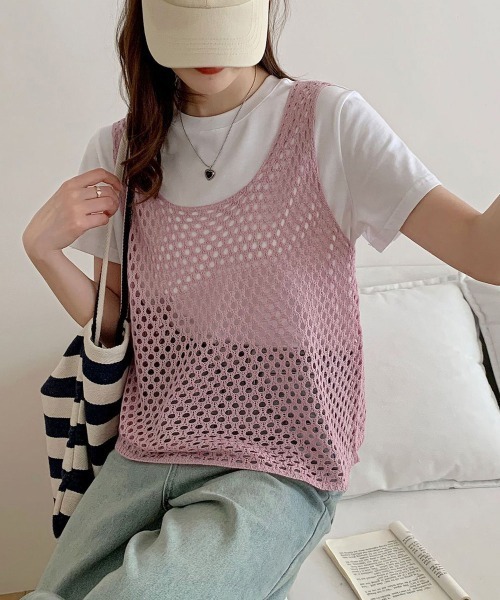 Miniministore(ミニミニストア)の「透かし編みニットベスト 重ね着ニットジレ(ベスト・レディース・ブラック/ライトブルー/ブルー/グレー/ライトグリーン/ピンク/ホワイト/ベージュ・FREE)」の8枚目の写真