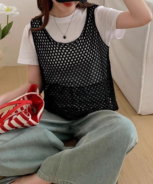 Miniministore(ミニミニストア)の「透かし編みニットベスト 重ね着ニットジレ(ベスト・レディース・ブラック/ライトブルー/ブルー/グレー/ライトグリーン/ピンク/ホワイト/ベージュ・FREE)」の15枚目の写真