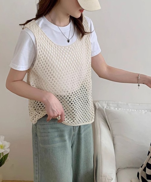 Miniministore(ミニミニストア)の「透かし編みニットベスト 重ね着ニットジレ(ベスト・レディース・ブラック/ライトブルー/ブルー/グレー/ライトグリーン/ピンク/ホワイト/ベージュ・FREE)」の17枚目の写真