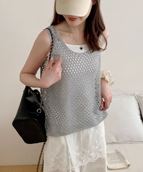 Miniministore(ミニミニストア)の「透かし編みニットベスト 重ね着ニットジレ(ベスト・レディース・ブラック/ライトブルー/ブルー/グレー/ライトグリーン/ピンク/ホワイト/ベージュ・FREE)」の18枚目の写真
