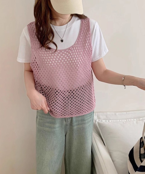 Miniministore(ミニミニストア)の「透かし編みニットベスト 重ね着ニットジレ(ベスト・レディース・ブラック/ライトブルー/ブルー/グレー/ライトグリーン/ピンク/ホワイト/ベージュ・FREE)」の20枚目の写真