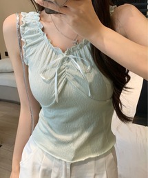 レディースのタンクトップ（グリーン・カーキ/緑色系・フリル