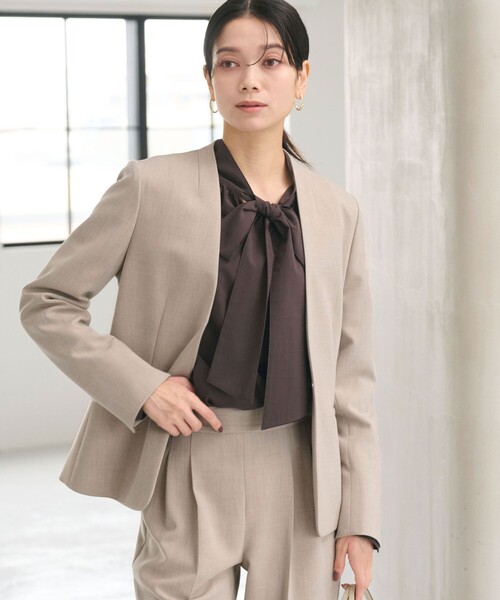 GREEN LABEL RELAXING ノーカラーダブルジャケット スーツ M ダブルクロス ノーラペル ジャケット ウォッシャブル ストレッチ
