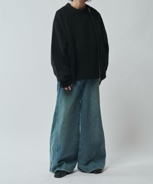 2025最新作　Lui's ツイストZIPデザインオーバサイズクルーネックニット Neucon/ニューコン】ツイストZIPデザインオーバサイズクルーネック