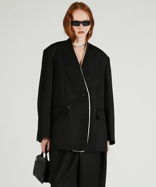 PRANK PROJECT（プランクプロジェクト）の「ノーカラービッグジャケット / No Collar Big Jacket（ノーカラージャケット・レディース・グレー/ブラック・FREE）」の2枚目の写真