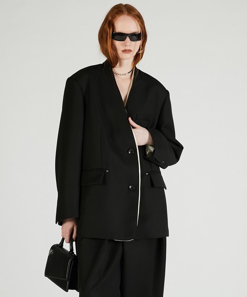 PRANK PROJECT（プランクプロジェクト）の「ノーカラービッグジャケット / No Collar Big Jacket（ノーカラージャケット・レディース・グレー/ブラック・FREE）」の6枚目の写真