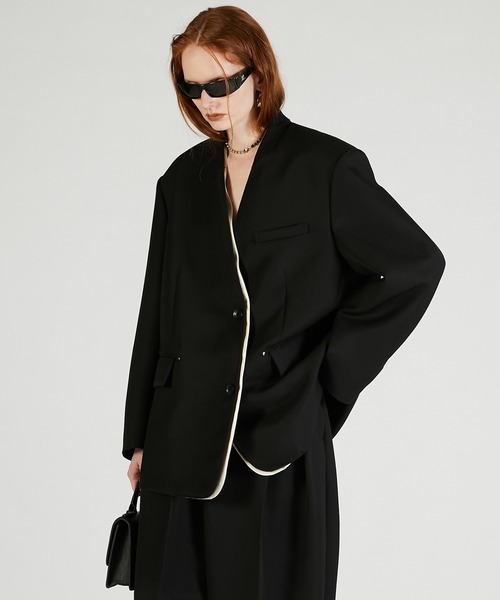 PRANK PROJECT（プランクプロジェクト）の「ノーカラービッグジャケット / No Collar Big Jacket（ノーカラージャケット・レディース・グレー/ブラック・FREE）」の5枚目の写真