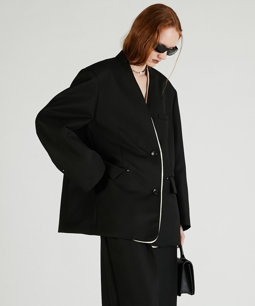 PRANK PROJECT（プランクプロジェクト）の「ノーカラービッグジャケット / No Collar Big Jacket（ノーカラージャケット・レディース・グレー/ブラック・FREE）」の3枚目の写真