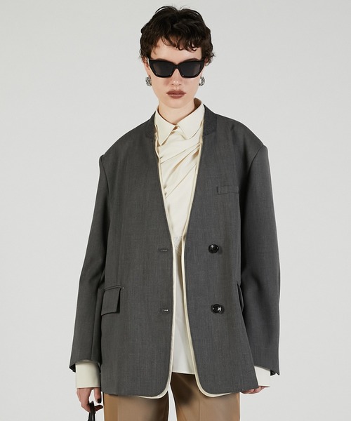 PRANK PROJECT（プランクプロジェクト）の「ノーカラービッグジャケット / No Collar Big Jacket（ノーカラージャケット・レディース・グレー/ブラック・FREE）」の22枚目の写真