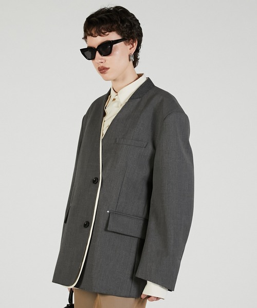 PRANK PROJECT（プランクプロジェクト）の「ノーカラービッグジャケット / No Collar Big Jacket（ノーカラージャケット・レディース・グレー/ブラック・FREE）」の21枚目の写真