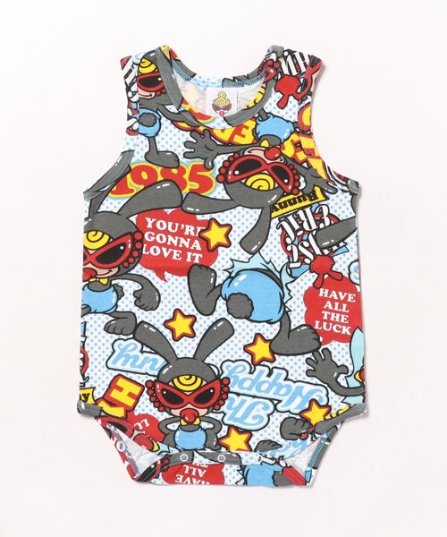 HYSTERIC MINI（ヒステリックミニ）の「HAPPY BUNNY総柄 ノースリーブロンパース（ロンパース・キッズ・ブラック/エメラルド/ホワイト/ブラック系その他・70/80）」の2枚目の写真