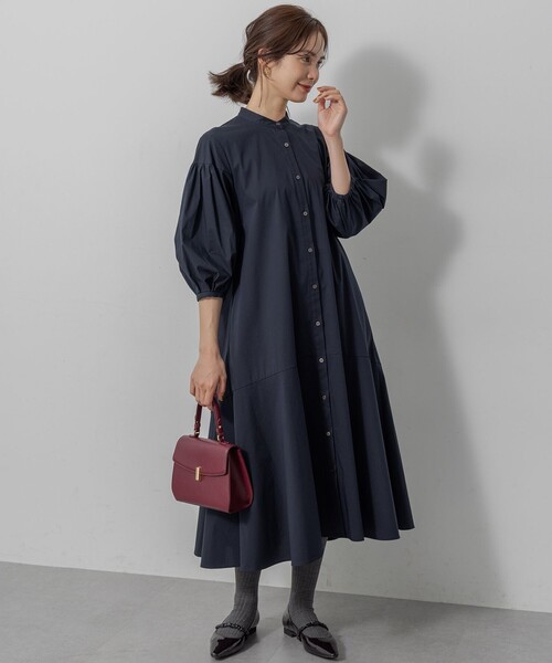 組曲 クミキョク ブラック シャツワンピース 組曲 【KUMIKYOKU NAVY】ウーステッドライククロス シャツワンピース