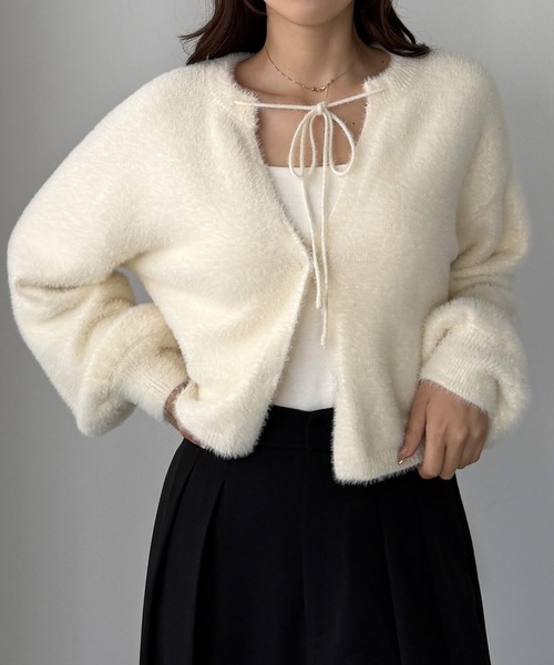 ショート丈シャギーリボンニットカーディガン（カーディガン/ボレロ