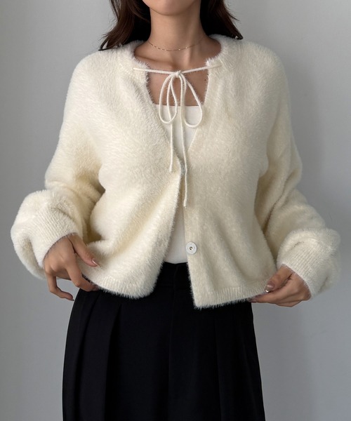 セール】ショート丈シャギーリボンニットカーディガン（カーディガン