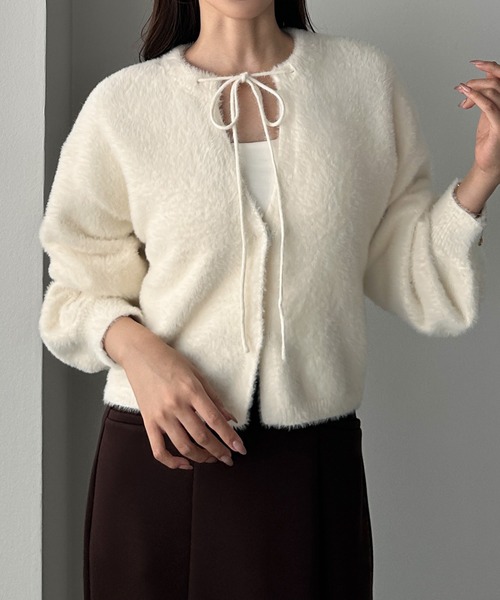 ショート丈シャギーリボンニットカーディガン（カーディガン/ボレロ