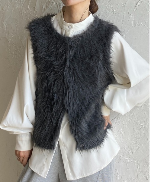 セール】ショート丈フェザーヤーンファーニットベスト（ベスト