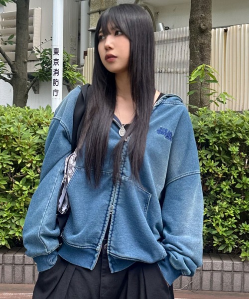 【美品】ADEAM ♡ ニット　パーカー♡ A'GEM/9 × .kom 『A'gem/エージェム』 猫ニットデニムジップアップ