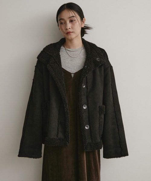 リバーシブル✨エムズグレイシー♡フェイクムートンコート　ブラック　ファーコート EMMEL REFINES＞EM リバーシブル フェイクムートン コート