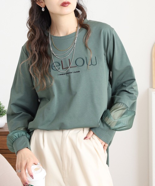 Anna Nicola(アンナニコラ)の「Anna Nicola 袖シアーロゴ刺繍カットソー(Tシャツ/カットソー・レディース・グリーン/カーキ/ブラック・38)」の1枚目の写真