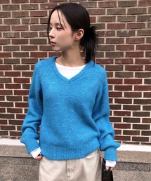 ニット/セーター（ブルー・ネイビー/青色系・Vネック）ファッション