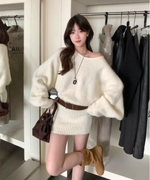 ワンショルダー ベルト付き ニットワンピース