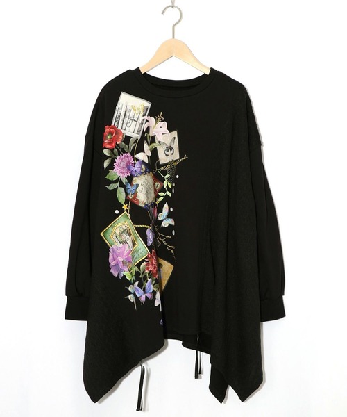 スカラー（ScoLar）/Scolar スカラー 額縁×花×蝶柄　ニットソー×裏毛切替プルオーバー セール】ScoLar(スカラー) 額縁×花×蝶柄 ニットソー×裏毛切替プル