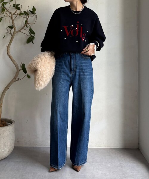 DouDou(ドゥドゥ)の「【WEB限定】パールロゴニットトップス(ニット/セーター・レディース・ネイビー/ブラック/アイボリー・FREE)」の4枚目の写真