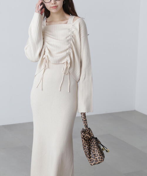 DE2857＊ハーフスリーブ✖️リブニットセットアップドレスgrnL DE2857