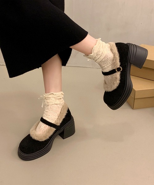 Lace Ladies（レースレディース）の「ウール調 ファー ストラップ ヒール パンプス（パンプス・レディース・ブラック/ブラウン・22.5cm/23cm/23.5cm/24cm/24.5cm）」の5枚目の写真