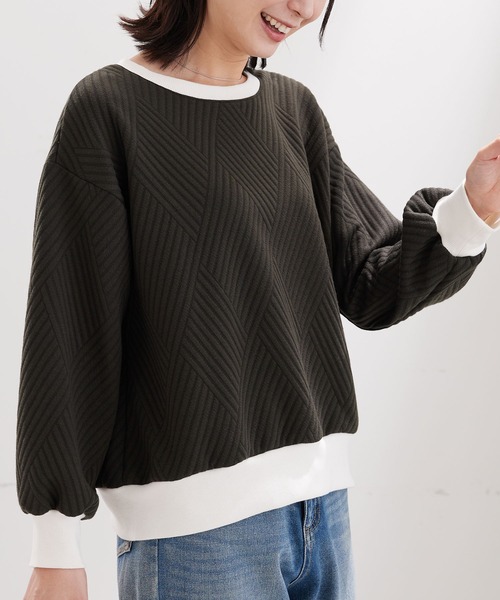 BELLUNA PLUS（ベルーナ）の「幾何柄ジャカード配色リブプルオーバー（Tシャツ/カットソー・レディース・アイボリー/カーキ/セージグリーン/ネイビー・MEDIUM/LARGE/X-LARGE）」の2枚目の写真