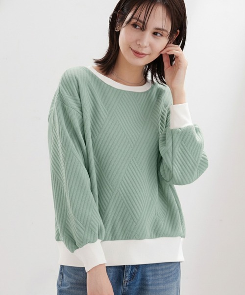 BELLUNA PLUS（ベルーナ）の「幾何柄ジャカード配色リブプルオーバー（Tシャツ/カットソー・レディース・アイボリー/カーキ/セージグリーン/ネイビー・MEDIUM/LARGE/X-LARGE）」の3枚目の写真