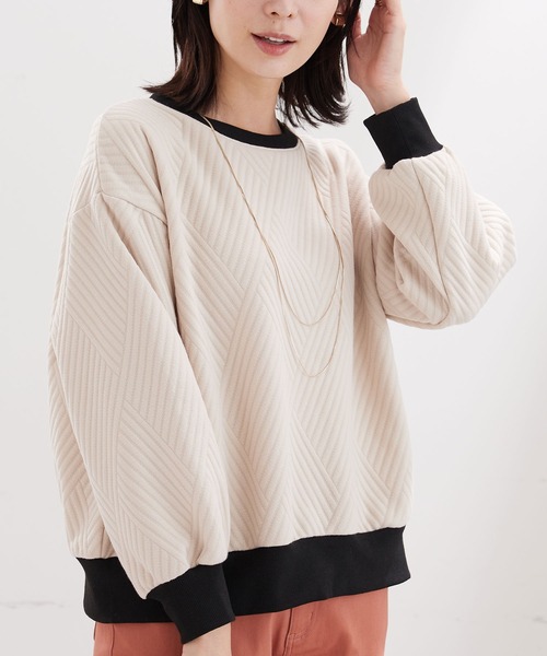 BELLUNA PLUS（ベルーナ）の「幾何柄ジャカード配色リブプルオーバー（Tシャツ/カットソー・レディース・アイボリー/カーキ/セージグリーン/ネイビー・MEDIUM/LARGE/X-LARGE）」の8枚目の写真